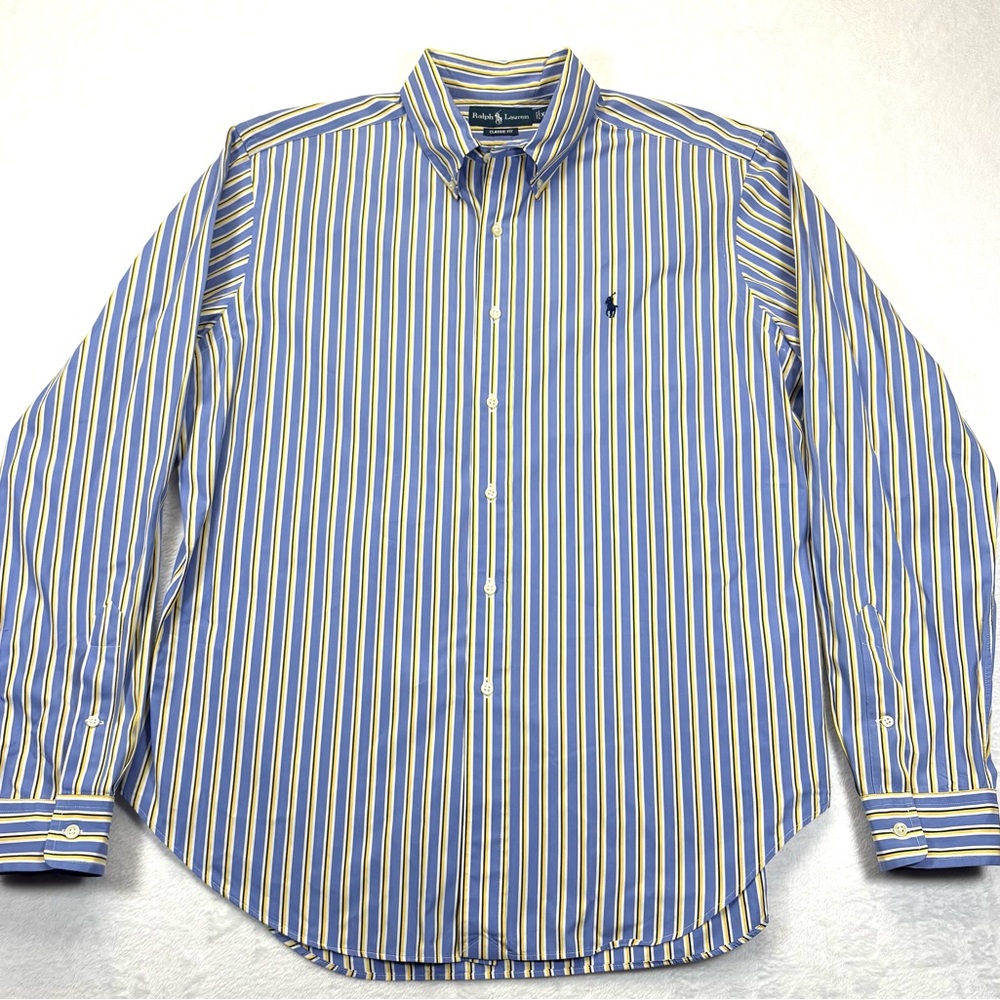 Polo by Ralph Lauren Men's Yellow and Blue Striped Shirt